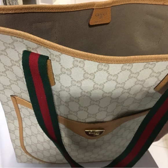 Gucci Cream and Tan Tote with Green and Red Straps - Picture 2 of 8